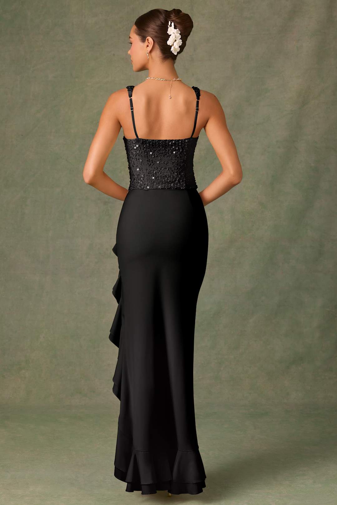 BELLA - VESTIDO DE SATÉN CON CORSÉ Y VOLANTES