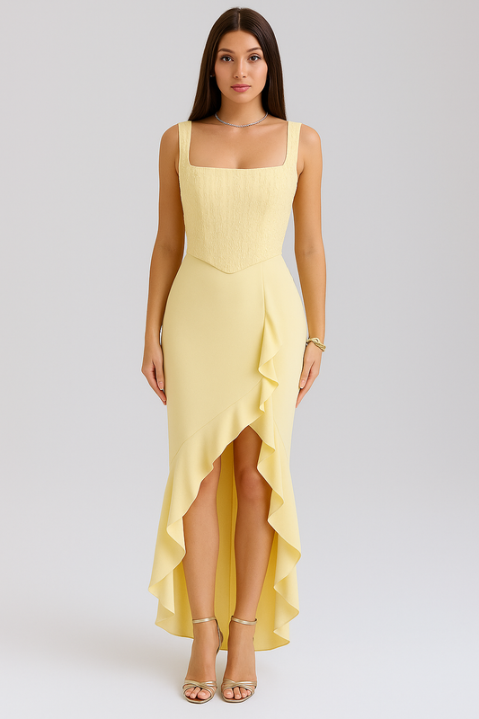 BELLA - VESTIDO DE SATÉN CON CORSÉ Y VOLANTES