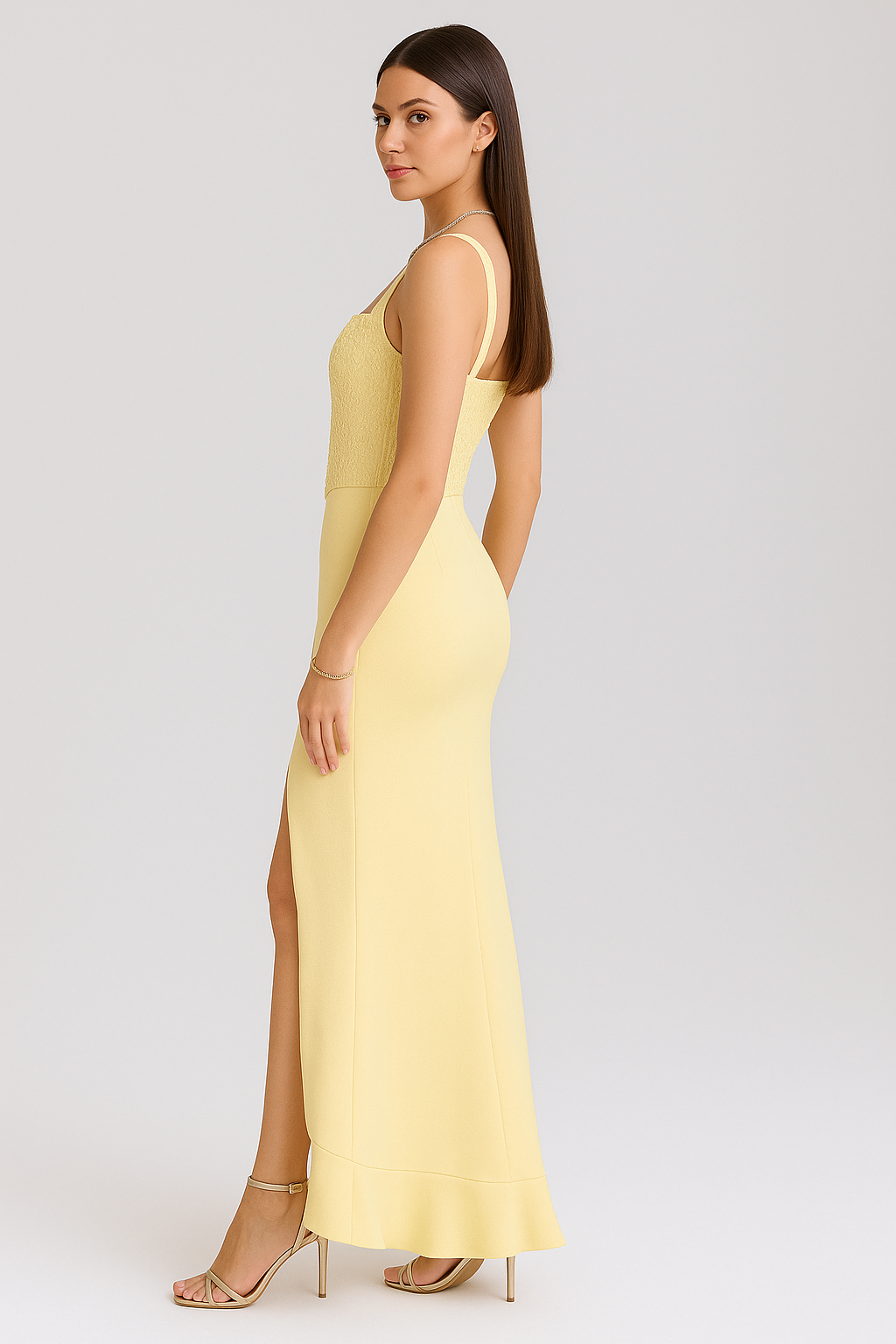 BELLA - VESTIDO DE SATÉN CON CORSÉ Y VOLANTES