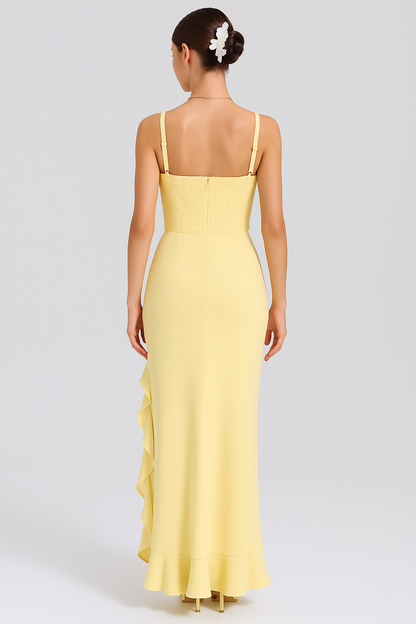 BELLA - VESTIDO DE SATÉN CON CORSÉ Y VOLANTES